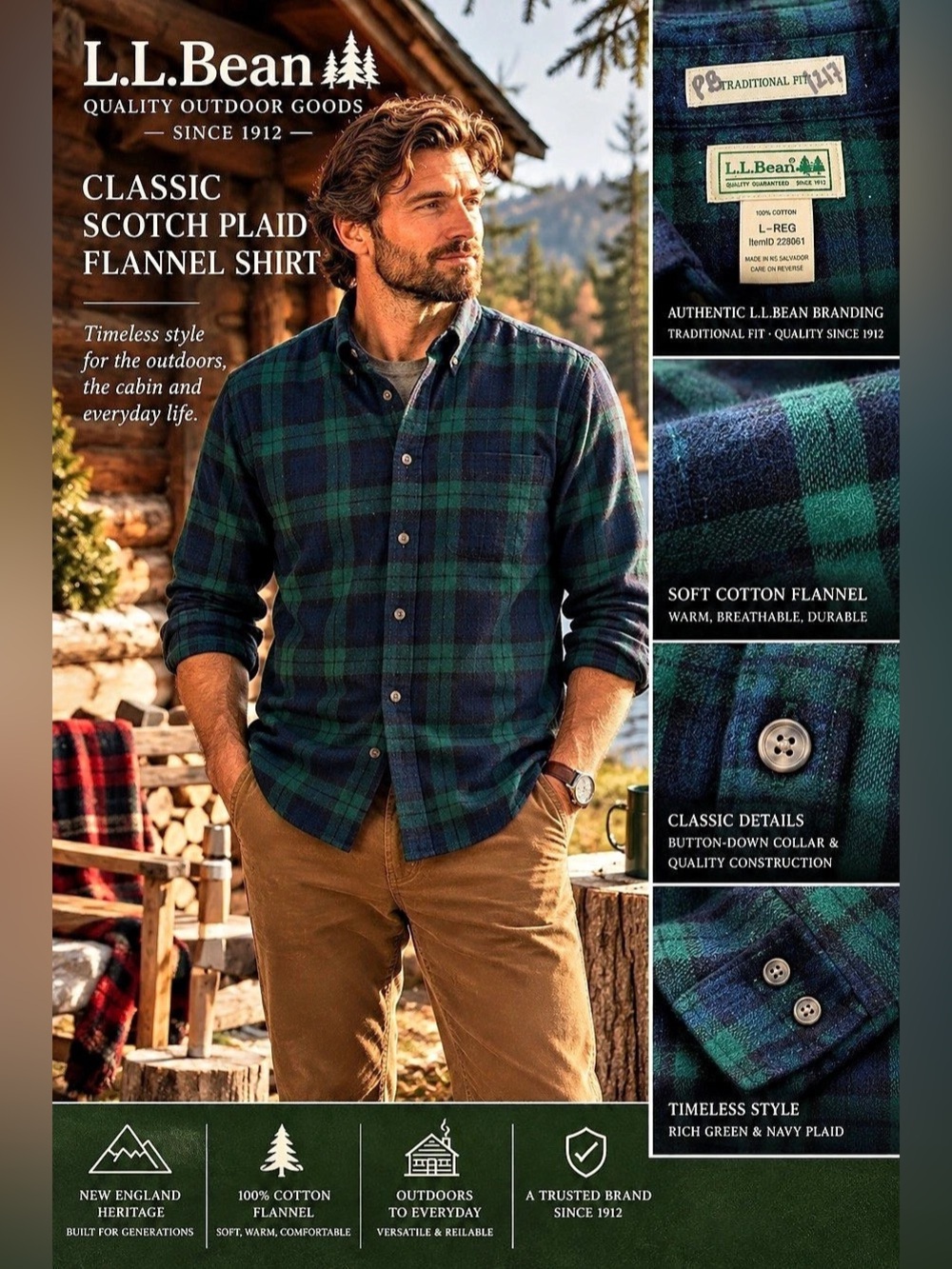 L.L.Bean Traditional Fit Flannel Shirt Green & Blue Plaid Size Medium